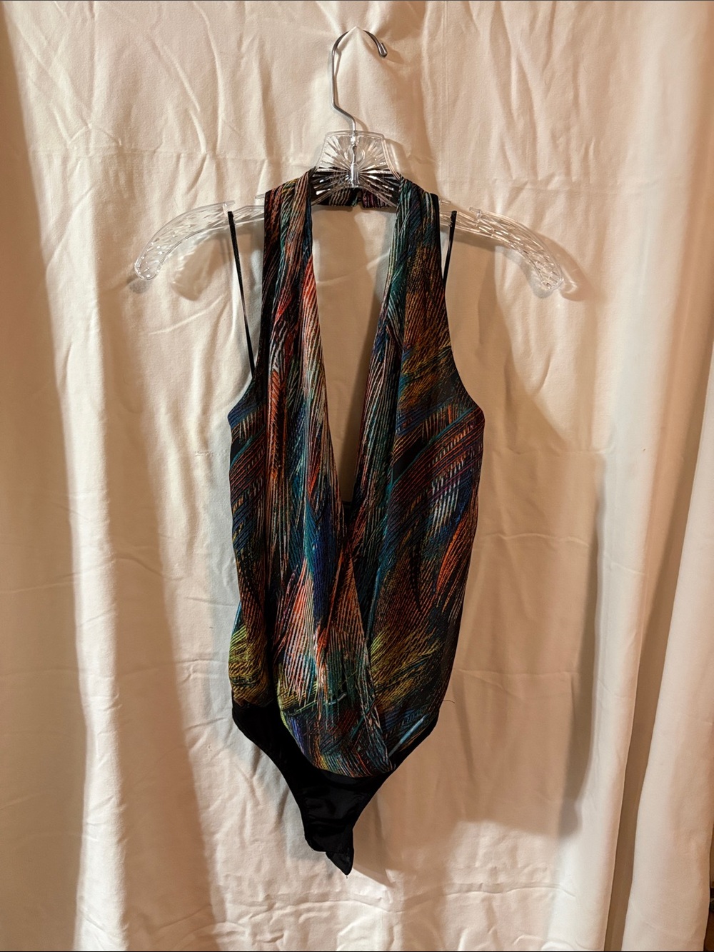 Guess Women’s Multicolor Abstract Print Plunge Deep V Halter Bodysuit